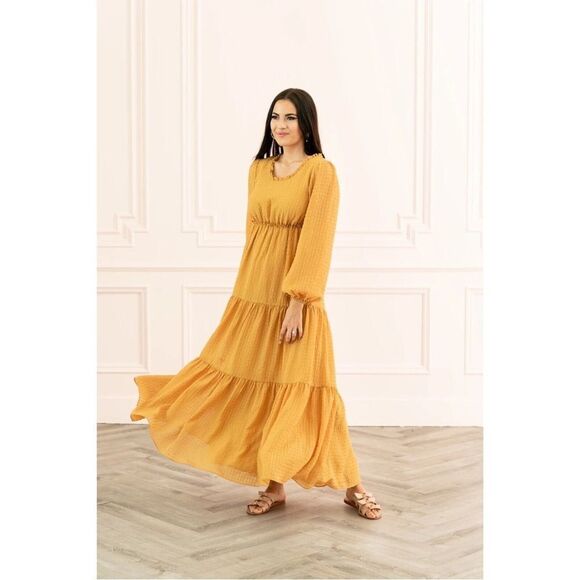 Rachel Parcell Mustard Yellow Ruffled Tiered Long Sleeve Maxi Dress Textured - Picture 15 of 15